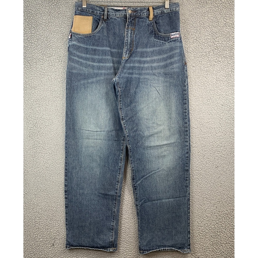 School Of Hard Knocks Mens 38 Jeans Baggy Streetwear Patch Y2K Wide Leg Hip Hop